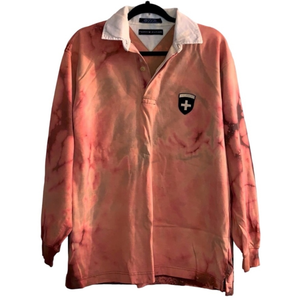 Vintage Tommy Hilfiger Orange Tie-Dye Long Sleeve Collared Polo Shirt Sz M 🧡